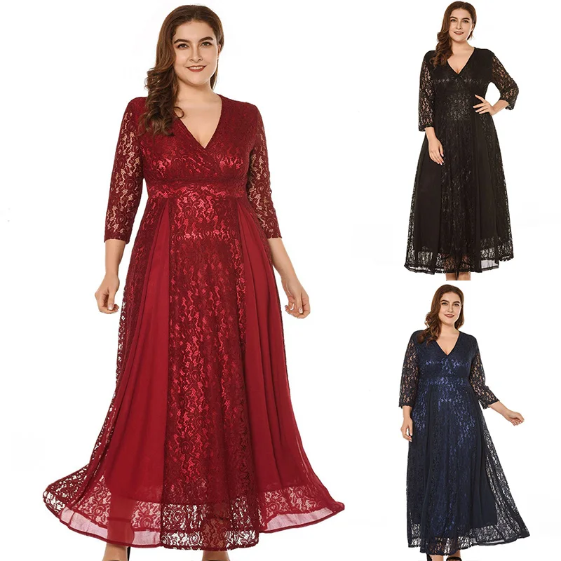Элегантное женское платье Vestido, кружевное ТРАПЕЦИЕВИДНОЕ ПЛАТЬЕ С глубоким v-образным вырезом, черное/красное/синее винтажное вечернее длинное платье, вечерние платья