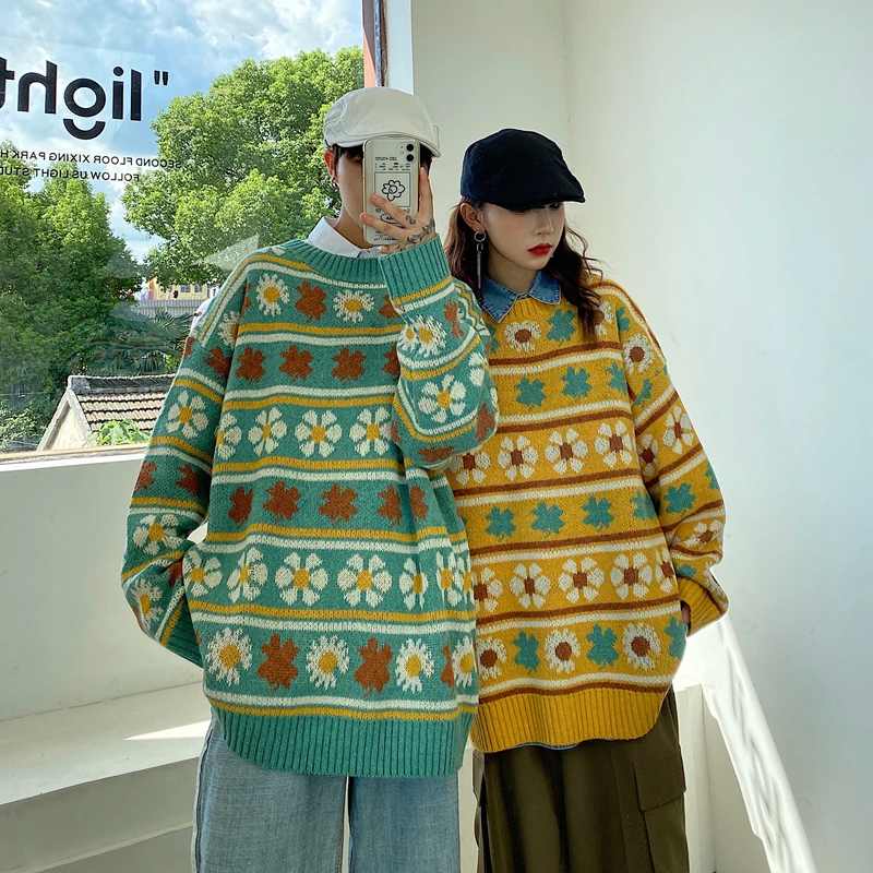 

Daisy Pattern Sweaters for Women Korean Fall Fashion Trends Knit Pullovers Oversized Couples Crewneck Jumper Harajuku Streetwear