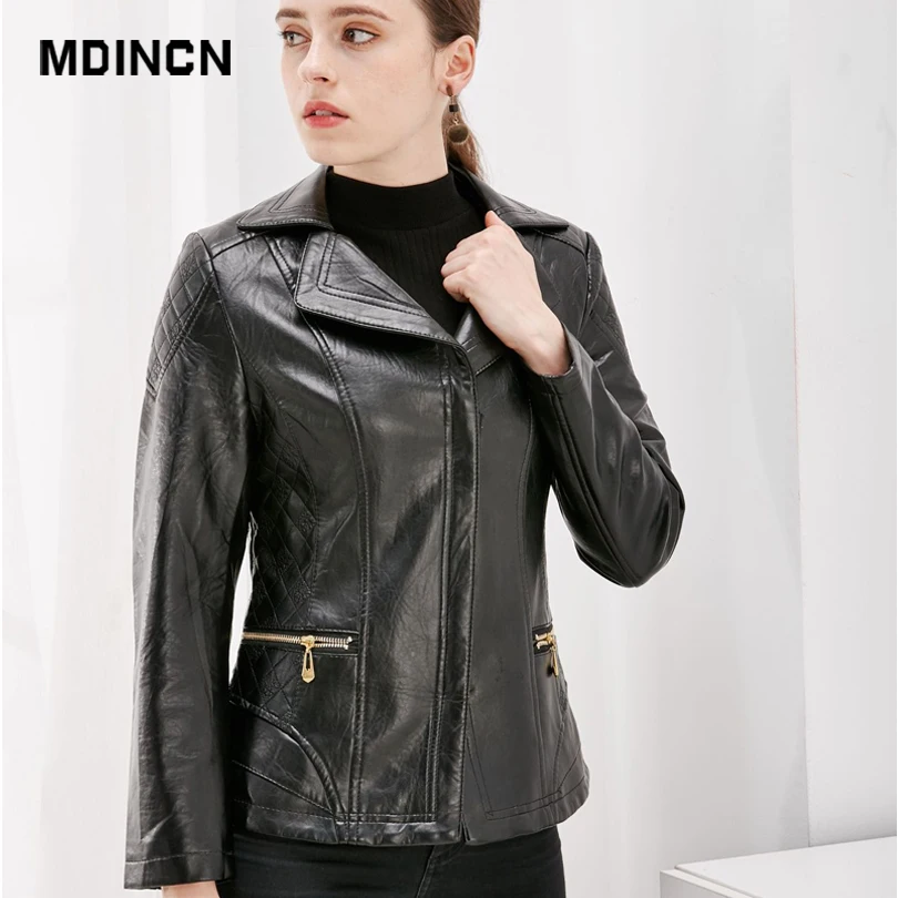 MDINCN кожаная куртка женская плюс размер 5XL черный цвет потертая искусственная кожа короткая куртка воротник стойка молнии тонкие женские пальто