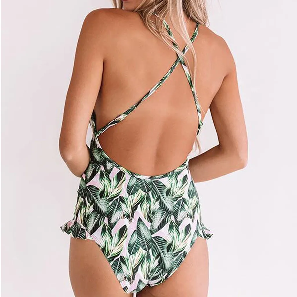 Summer one piece Swimwear Women Fringe Leaf Print Bikini Beachwear Party Bath Playful Fresh Sweet Sexy High Waist Bikini Hot XL 