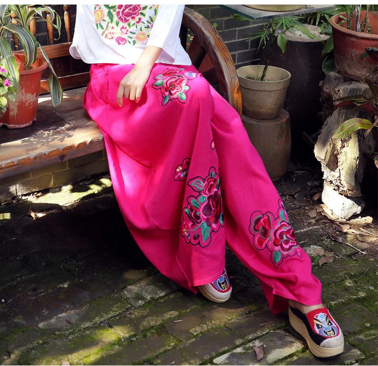 rose red KYQIAO винтажные широкие брюки pantalones mujer женские зимние весенние Длинные розовые красные черные брюки с вышивкой pantalon femme - Цвет: rose red