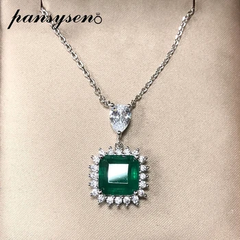 

PANSYSEN White Gold Color Diamond Emerald Pendant Necklaces for Women 100% 925 Sterling Silver Gemstone Fine Jewelry Necklace