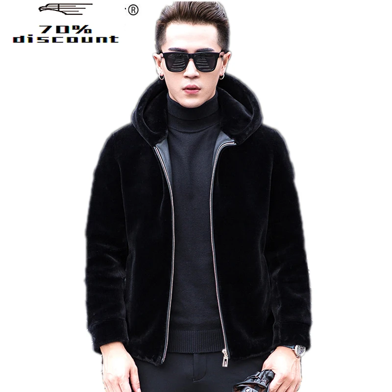 

Real Fur Coat Autumn Winter Jacket Men Sheep Shearing Wool Coats Plus Size Short Hooded Men's Jackets 2002 KJ832
