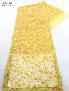 

Anna french yellow net lace nigerian fabric 2020 high quality embroidered african sequins laces tulle fabrics 5 yards for sewing