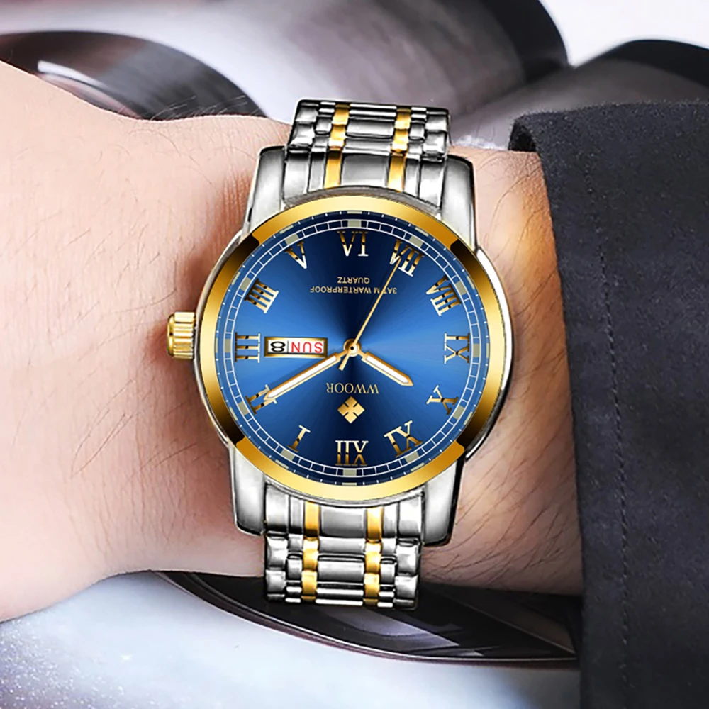 WWOOR 2024 New Men Watches Stainless Steel Waterproof Men Quartz Wristwatches Luxury Business Male Clock Gift Watch Reloj Hombre