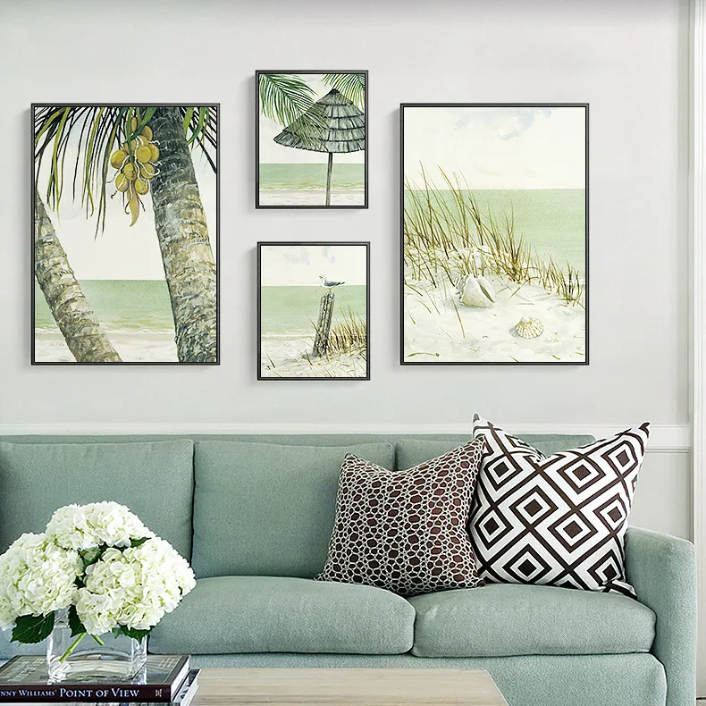 Coconut Palm Tree Green Beach Sea Umbrella Wall Art Canvas Painting Nordic Poster And Prints Wall Pictures For Living Room Decor