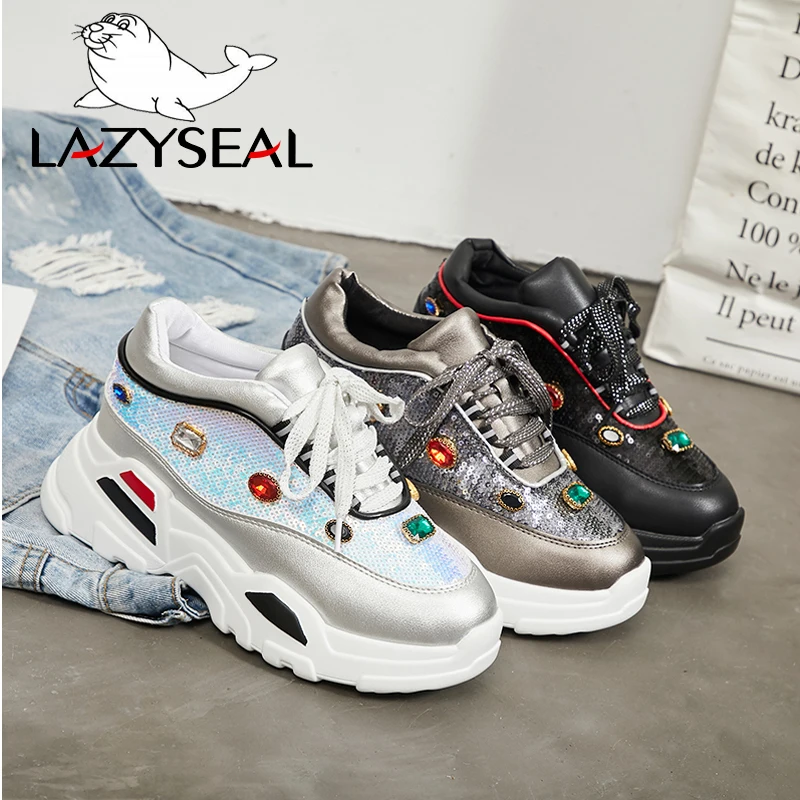 Женские ботильоны с кристаллами LazySeal на толстой подошве круглый носок блестящая