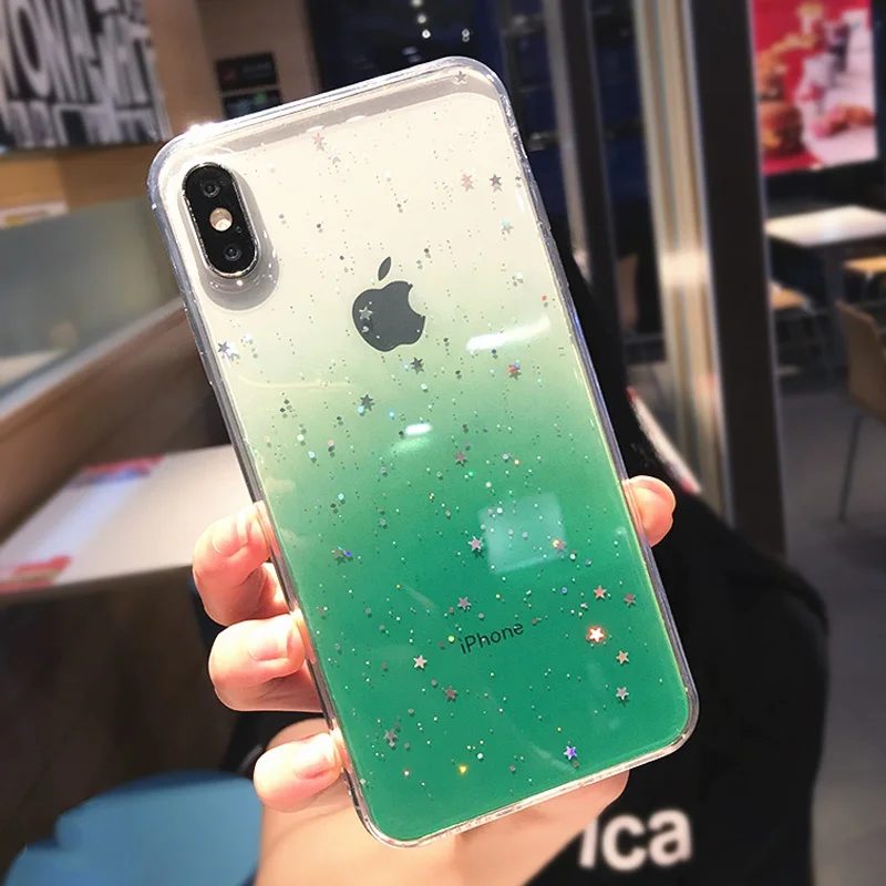 USLION Bling Powder Silicone Phone Case For iPhone 11 Pro X XR XS Max Glitter Stars Transparent Cover For iPhone 7 8 6 6s Plus - Цвет: Green