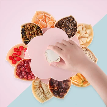 

Rotating Snack Serving Tray ABS Dried Fruit Double-deck Storage Organizer Home Candy Nut Box Petal-Shaped Sectional Party