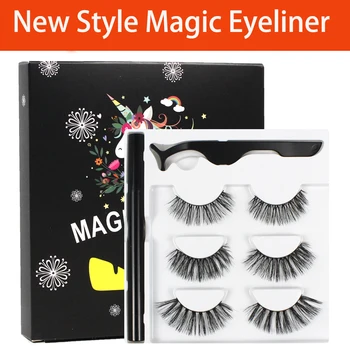 

Grafting World New Style Magic Eyeliner Set with 3 Pairs Eyelashes No Glue No Magnet Water proof Strip Lashes Make Up