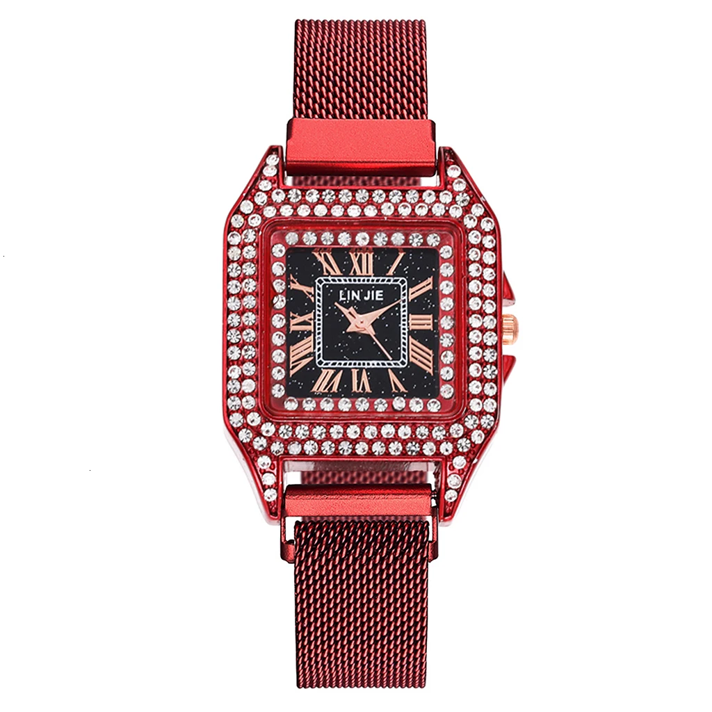 Women Magnet Buckle Square Case Shape Diamond Watch Luxury Ladies Stainless Steel Belt Quartz Watches Gift Clock