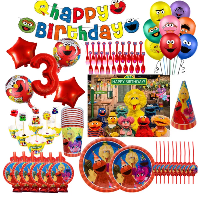 Suministros de fiesta de Barrio Sésamo, conjunto de vajilla para fiesta, platos y vasos de papel, servilletas, decoración de cumpleaños, mantel