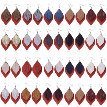 

20Pairs/lot Red Faux Leather Earrings Set For Women Double Leaf Weave Lichee Pattern Drop Earing 2020 Fashion Statement Earings