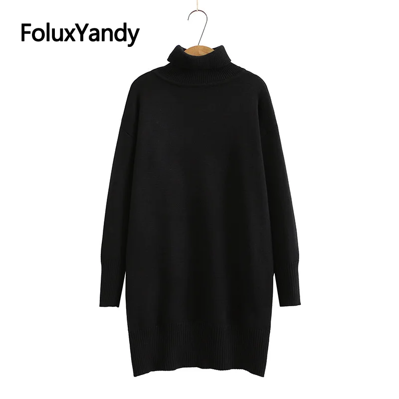 

2021 New Spring Women Long Sweater Plus Size XXXL Casual Loose Turtleneck Sweaters Black KKFY5200