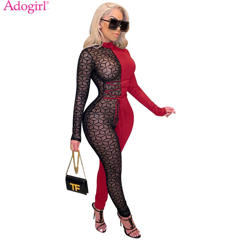 Adogirl Sheer Mesh Patchwork Women Sexy Lace Up Jumpsuit Turtleneck Long Sleeve One Piece Overall Night Club Party Romper jumpsuit for women knitted sexy hollow out see through skinny overall mesh bodycon long sleeve club one piece romper