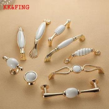 KKFING European White Creamic Gold Cabinet Handles and Knobs Kitchen Wardrobe Door Drawer Pulls Gold Furniture Handle Hardware