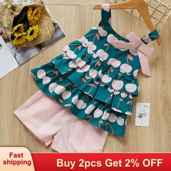

Children Clothing Sets 2020 Summer Girls Rompers Kids Cherry Pattern Sling top And Solid Color Pants Suits Outfits Clothes Sets