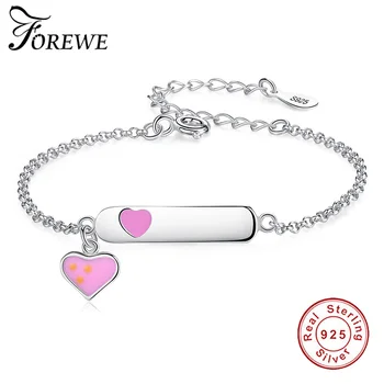 

FOREWE Personalized Engrave Name ID Bracelet For Children Kids Baby Pink Enamel Heart & 925 Sterling Silver Bracelet Customize