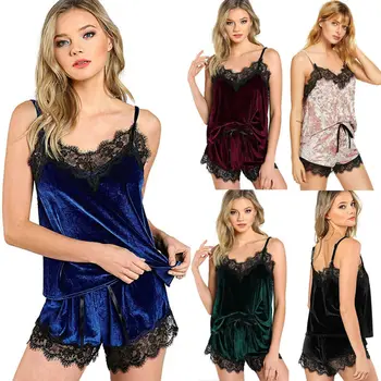 

2Pcs Fashion Women Sexy Velvet Lace Sleepwear Babydoll Nightwear Lady Spaghetti Strap Velvet Shorts Pajama Set Female Party Set
