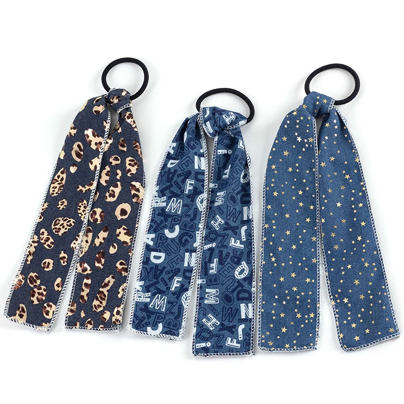 

Classic Leopard Polka Dot Denim Women Streamers Scrunchies Polka Dot Floral Print Elastic Bow Hair Rope Girl Hair Ties