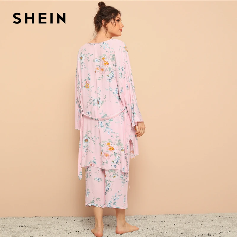 SHEIN цветочный принт Cami пижамный комплект с халатиком для женщин Летняя повседневная одежда для сна Спагетти ремень с длинным рукавом поясом женский халат