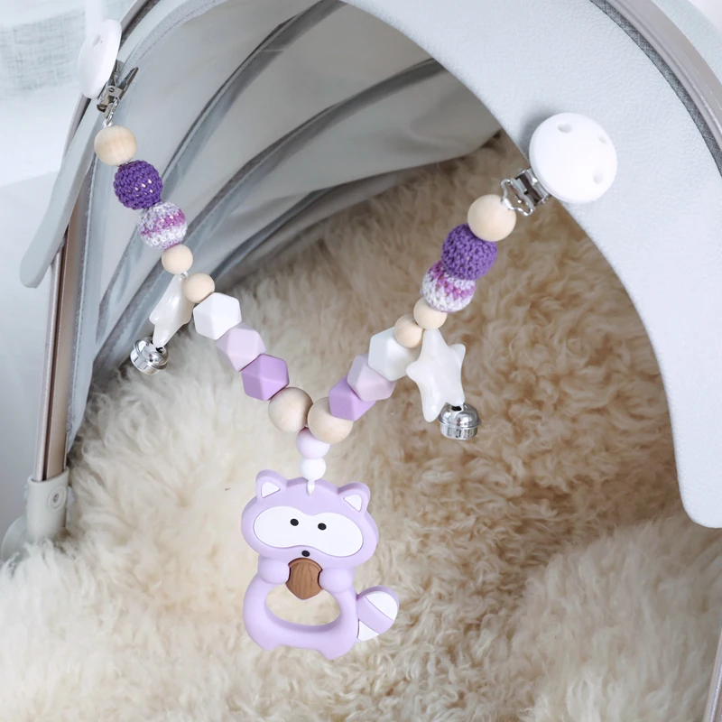 Baby Teethers Silicone Animals Rodent Beech Wooden Rattles Crochet Beads Teething Baby Toys Pendant Pacifier Clip Stroller Chain