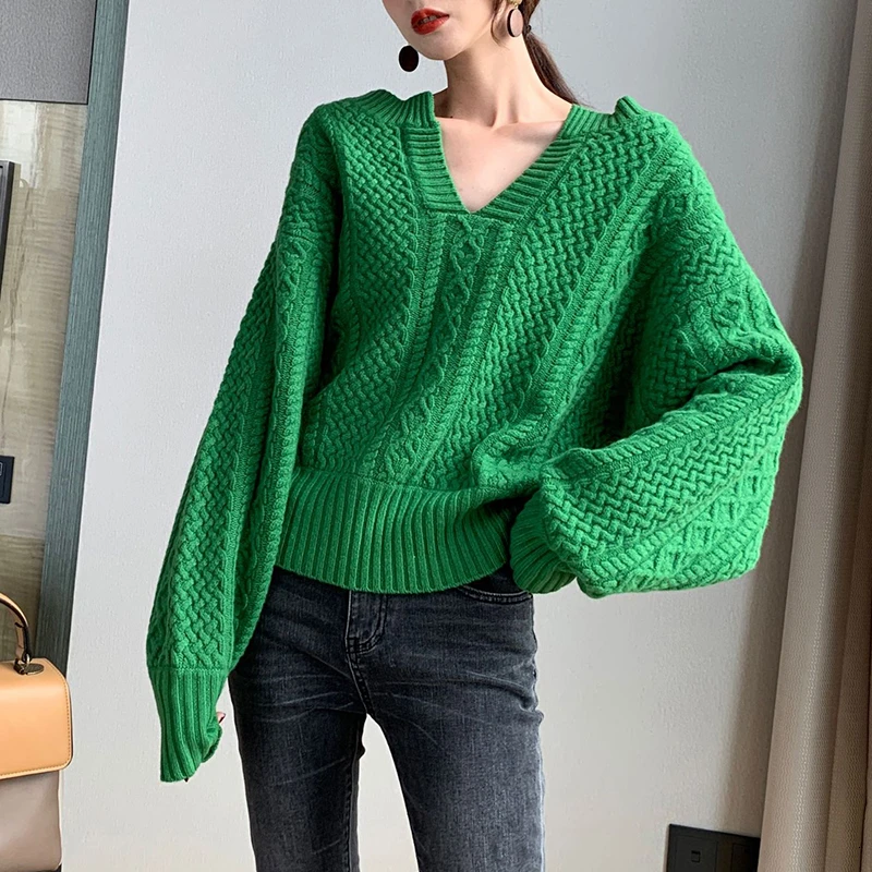 TWOTWINSTYLE Casual Striped Knitting Sweaters For Female V Neck Lantern Long Sleeve Autumn Pullovers Female Fashion Clothing New