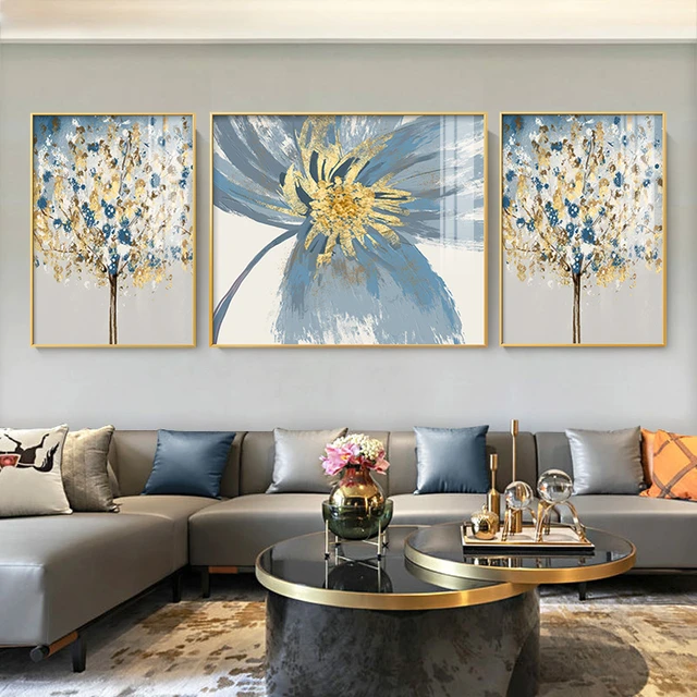 Trittico 3 pezzi moderno lusso fiore dorato foglia d'oro decorazione albero  pittura lamina d'oro poster stampe per soggiorno Decor