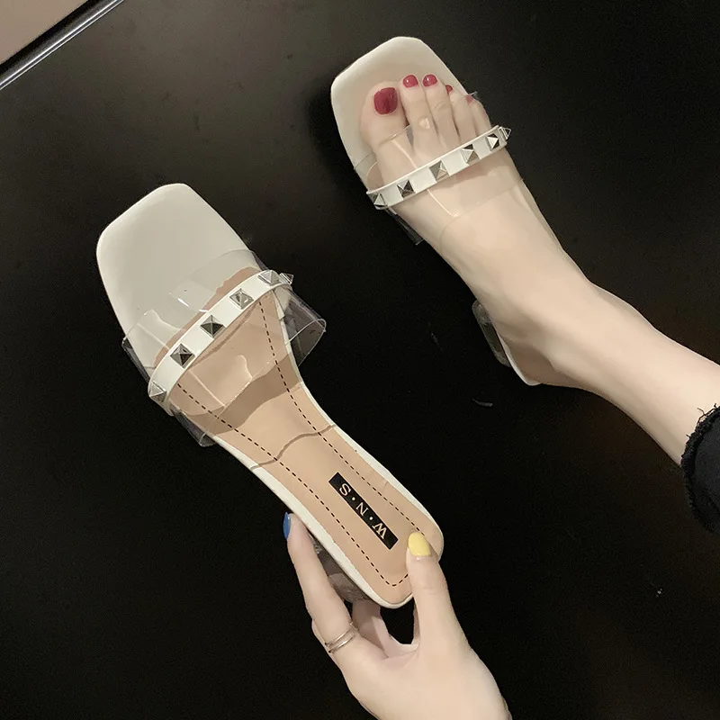 

2019 Spring Summer New Style Transparent CHIC Slipper WOMEN'S Shoes Solid Color Rivet Chunky-Heel Low Heel Simple Line-styled Sh