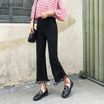 

Pants Women Solid Colour Flare Bow Ankle-Length Trousers High Elastic Waist Womens Simple All-match Slim Trendy Casual Elegant