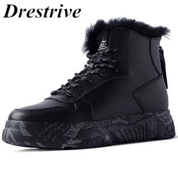 

Drestrive Full Genuine Leather Women Snow Boots Flat Heels Lace Up Platform Wool Winter Girls Ankle Boots Cow Leather Black
