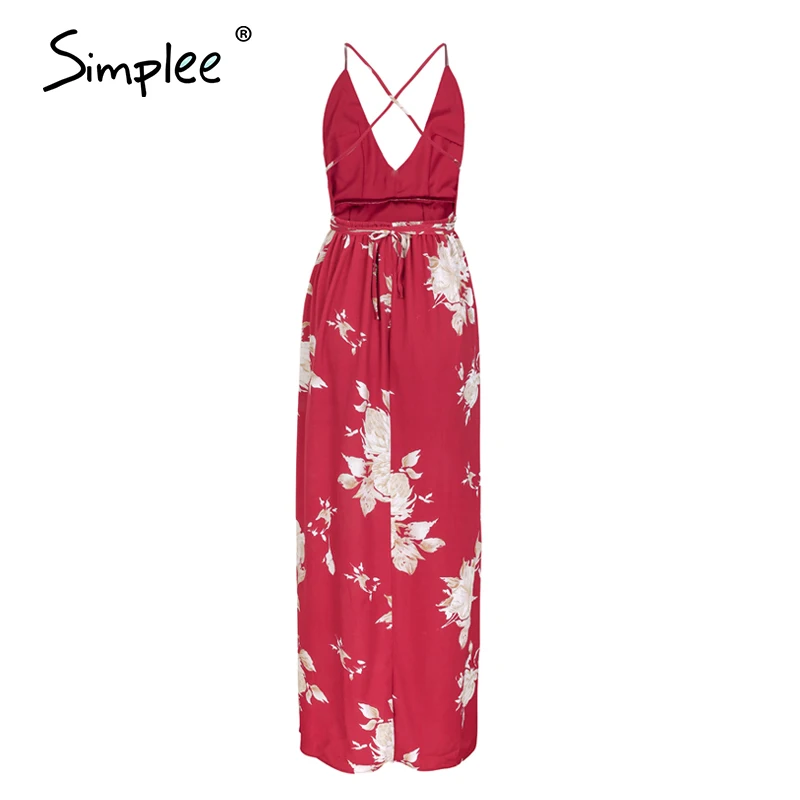 Летнее женское шифоновое платье Simplee с разрезом открытой спиной красное V