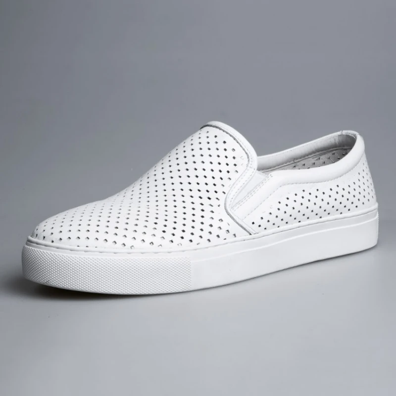 Мужские мокасины на плоской подошве белые лоферы из натуральной кожи с