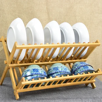 

Dish Drain Rack Bamboo Foldable Dish Rack Kitchen Storage Drain Holder for Bowl Plate Flatware Home Organizer