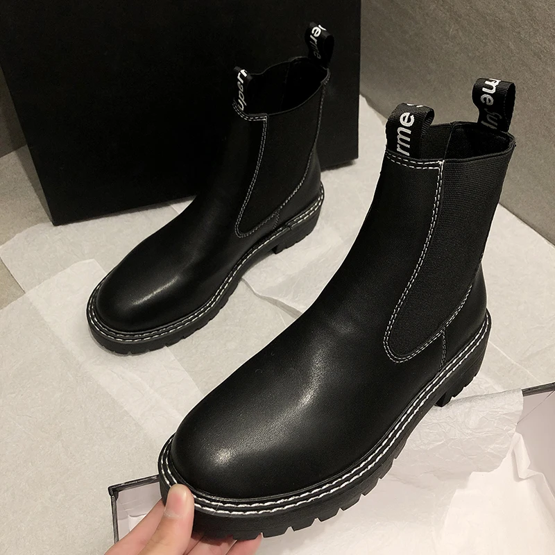 Женские ботинки martin на толстой резиновой подошве; короткие ботильоны; botas mujer; эластичная лента; толстый каблук; Ботинки Челси; bottes femme; круглый носок; 40