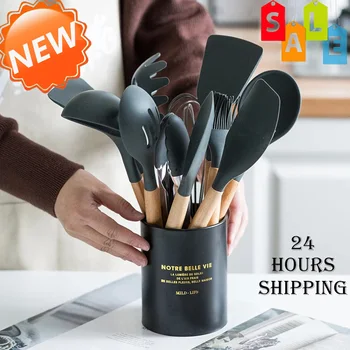 

12/13 Silicone Cooking Utensils Wooden Handle Kitchen Set Cooking Tools Sets Accessories with Stainless Steel Storage Box