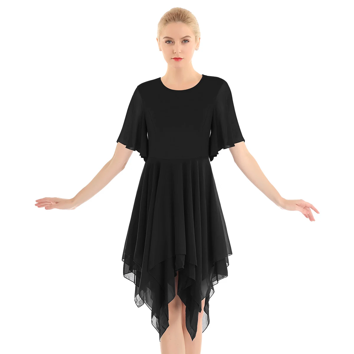 ChicTry взрослый Асимметричный плотный шифон, цвет современный Лирический танцевальные костюмы для женщин Фигурное катание балетное трико платье - Цвет: Black