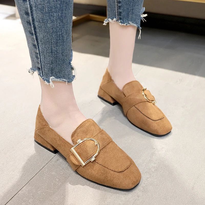 

Autumn/Winter New Style Square Toe Chunky Heel Single Shoes Retro Solid Flock Low Heels Metal Square Buckle Slip-on Single Shoes