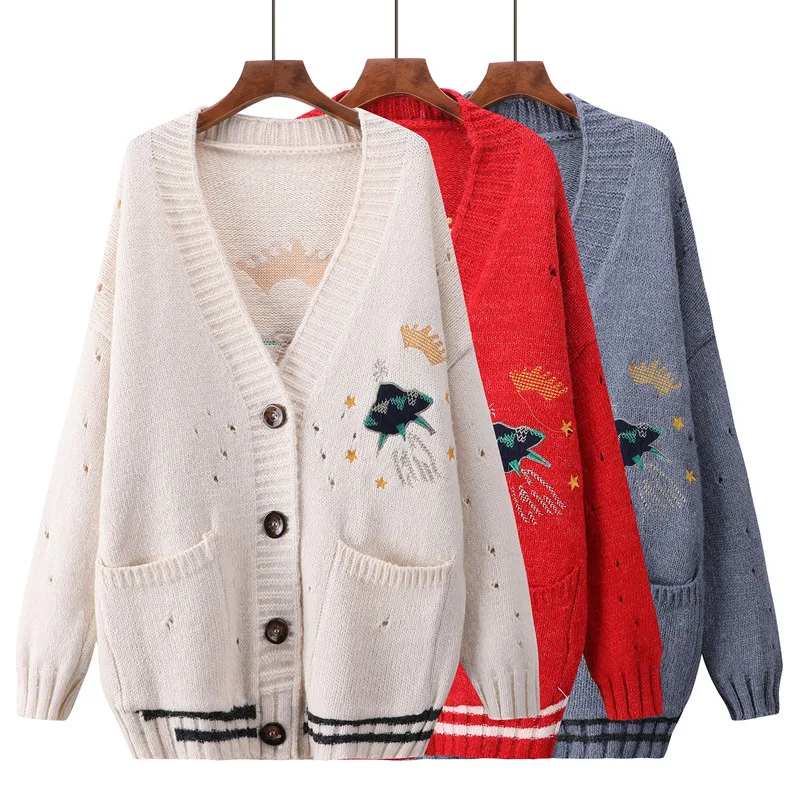 

2018 Autumn Winter Women Sweater Cardigans Cartoon Embroidery Cardigans Poncho Single Breasted Knit Sweater Harajuku out Top
