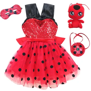

Fancy Kids Halloween Lady Bug Costume Dress Girls Ladybug Costume Baby Girl Birthday Party Girls Ladybug Dress with Patch Bag