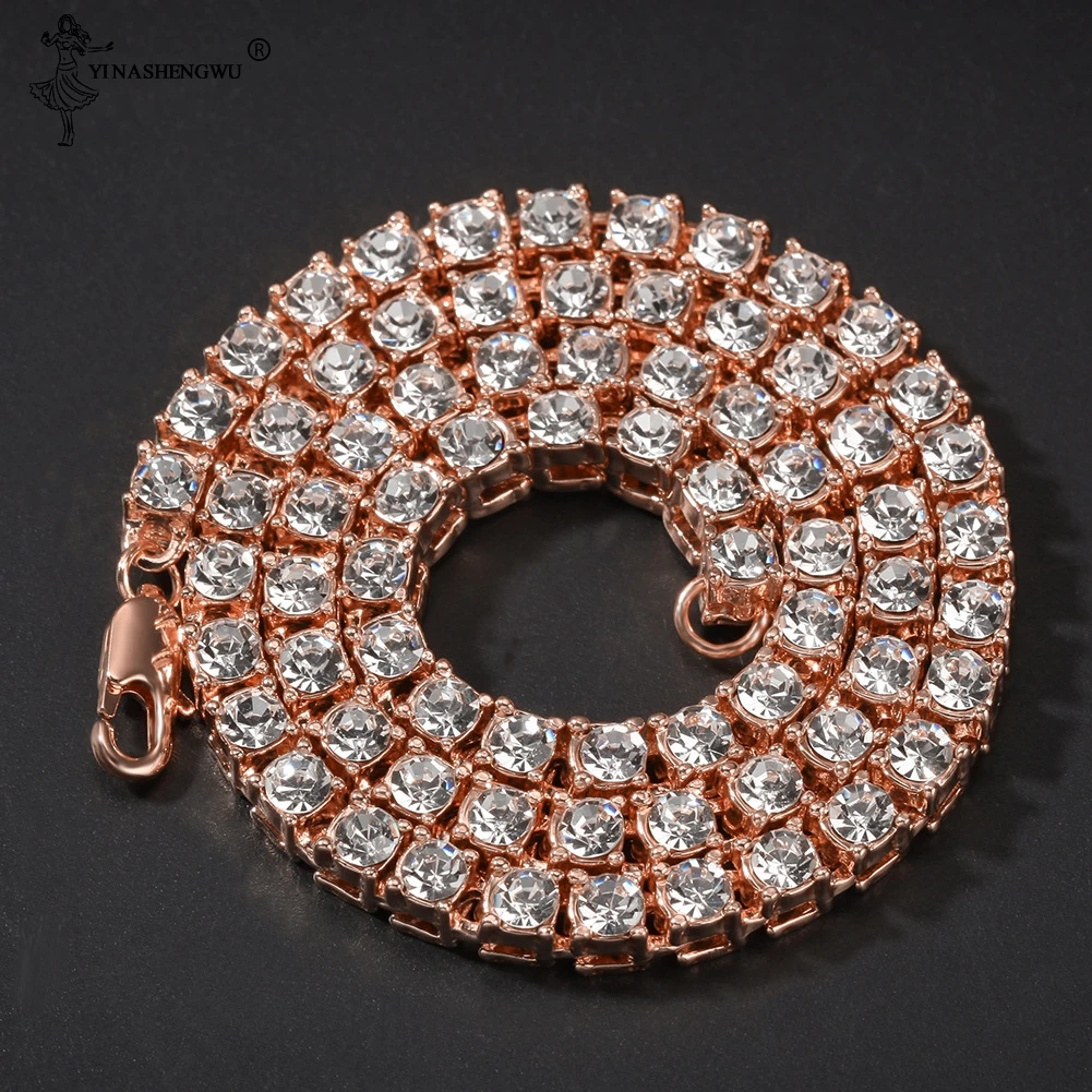 Мужское ожерелье в стиле хип-хоп, панк, 1 ряд, круглая огранка, 5 мм, стразы, теннисная цепь, серебро, розовое золото, черный цвет, ожерелье для женщин
