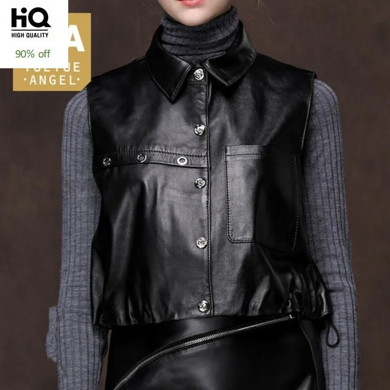 Merk Lederen Korte Vest Vrouwen Punk Schapenvacht Zwart Vest Hoge Kwaliteit Motorfiets Biker Lederen Mouwloze Jas Merk Lederen Korte Vest Vrouwen Punk Schapenvacht Zwart Vest Hoge Kwaliteit Motorfiets Biker Lederen Mouwloze Jas