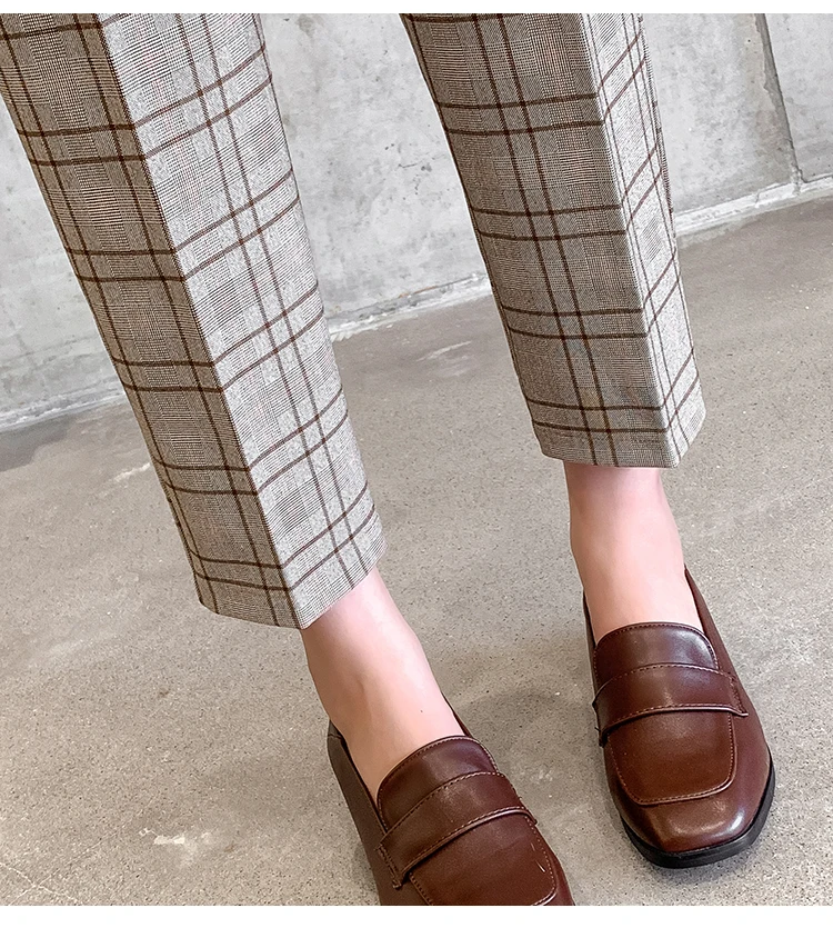 JUJULAND Stretchy Plaid Pencil Pants Women Casual Autumn Women Trousers Elastic Waist Tweed Slant Elegant 7232