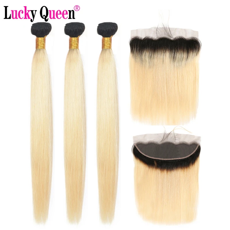

1B 613 Ombre Blonde Bundles With Frontal Remy Human Hair 3 Bundles With 13*4 Lace Frontal Brazilian Straight Hair Lucky Queen
