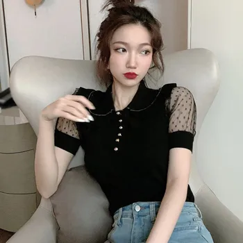 

Women's Tops Summer Female Retro Doll Collar Solid Color Puff Sleeved Knitted Mesh Stiching Short Sleeve Tops