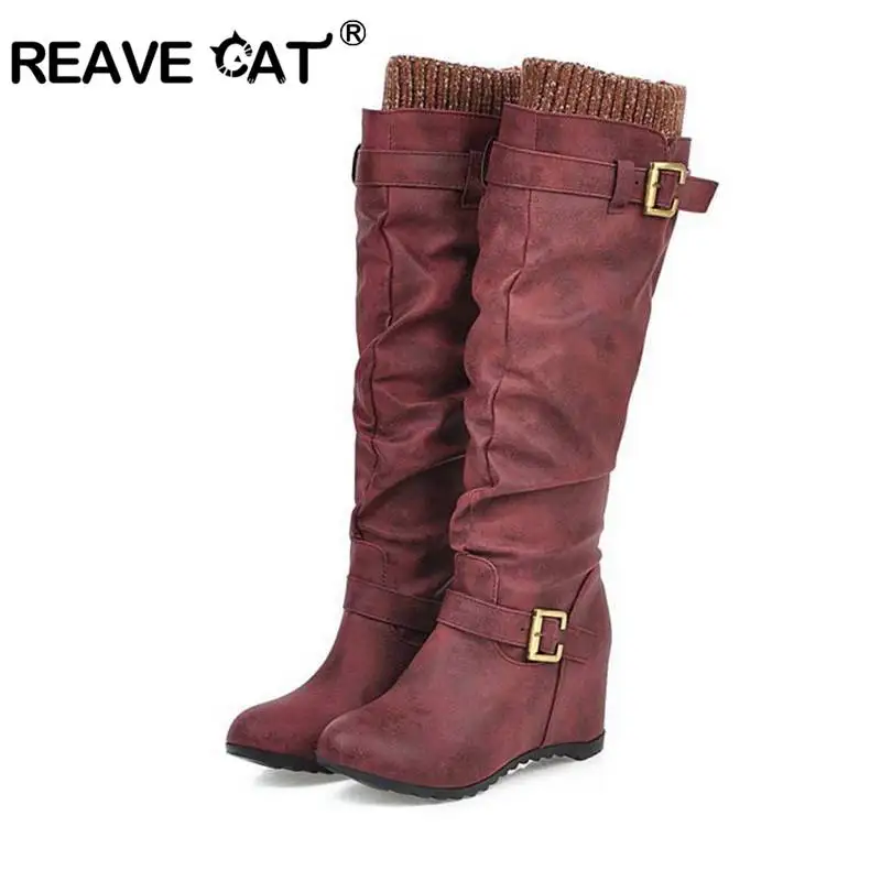 

REAVE CAT Women Knee Boots Round Toe High increasing Faux Leather Wedges Pleated Bukle Wool Sock botas keep warm Big size 33-44