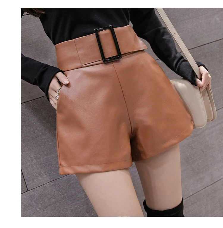 Korean PU Faux Leather Shorts Women Autumn High Waist Wide Leg Short Ladies Plus Size Sexy Black Belted Short Femme 7774 50