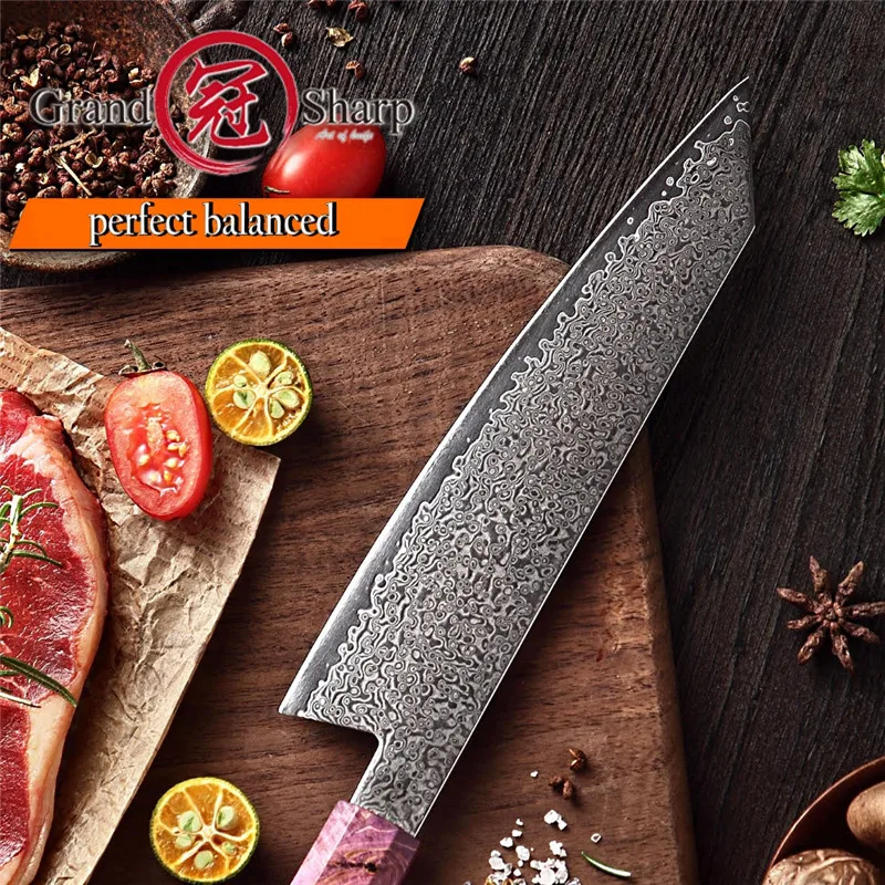 Нож шеф-повара GRANDSHARP vg10, японские кухонные ножи из дамасской стали, нож с фиолетовой ручкой, кухонные ножи, подарочная коробка