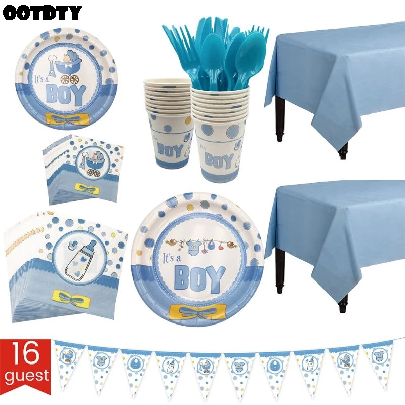 

Boy Girl Gender Reveal Partyware Kit 127 Pcs Serves Pink & Blue Banner Disposable Tablecloth 16 Paper Plates 16 Napkins 16 Cups