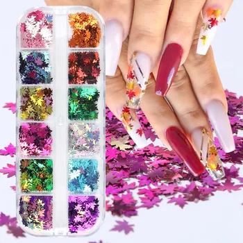 

12 Grid Laser Autumn Maple Leaf Nail Art Sequins Decor Holographic Chameleon Glitter Flakes UV Gel Polish Tool TSLM1